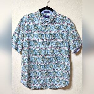 Allen Flusser Shirt Mens L Short Sleeve Button Up Pocket Linen Blend Multicolor